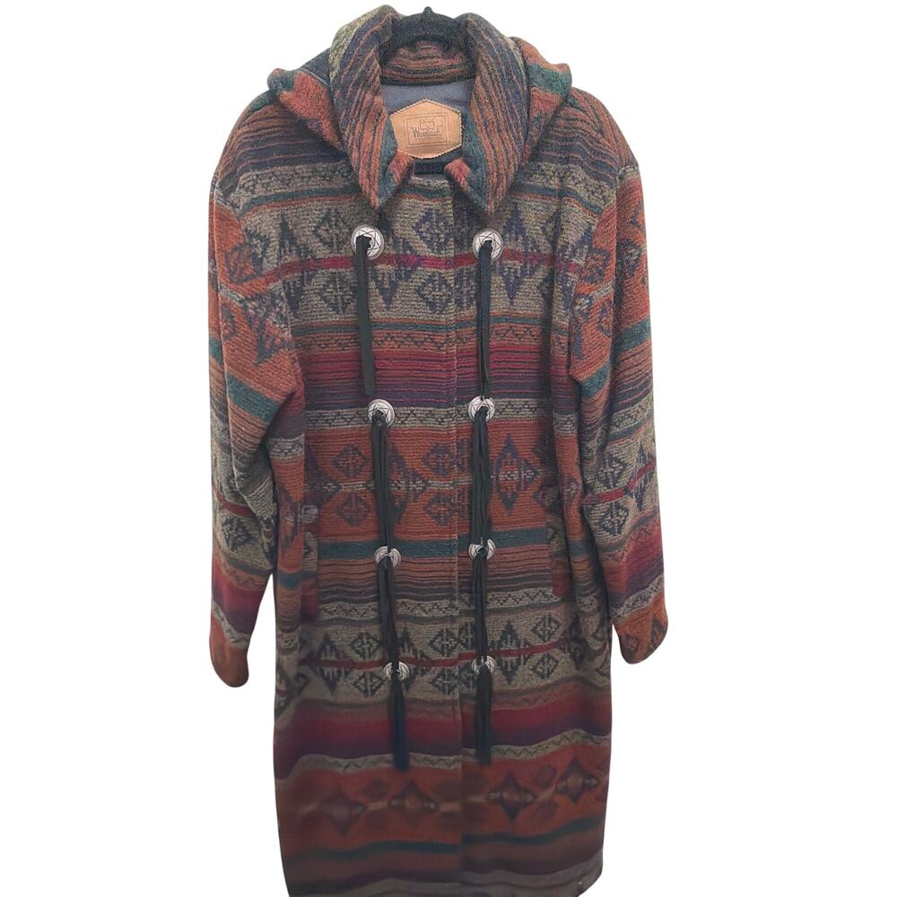 Vintage Woolrich Wool Nordic Navajo Southwestern Aztec Blanket Coat Large Concho
